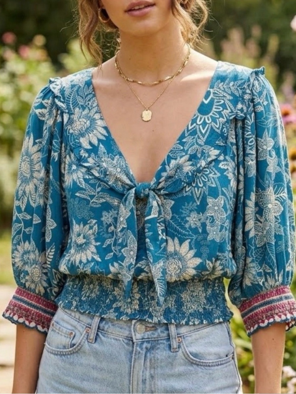 NATURAL LIFE Teal Floral Tie-Front Boho Blouse size small